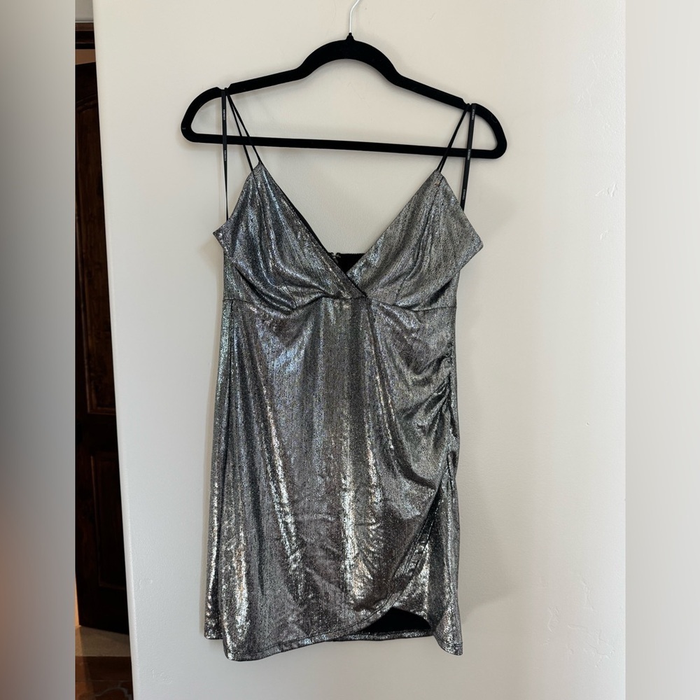 Silver Metallic Party Mini Dress | Shimmer Y2K Night Out Holiday Glitter
